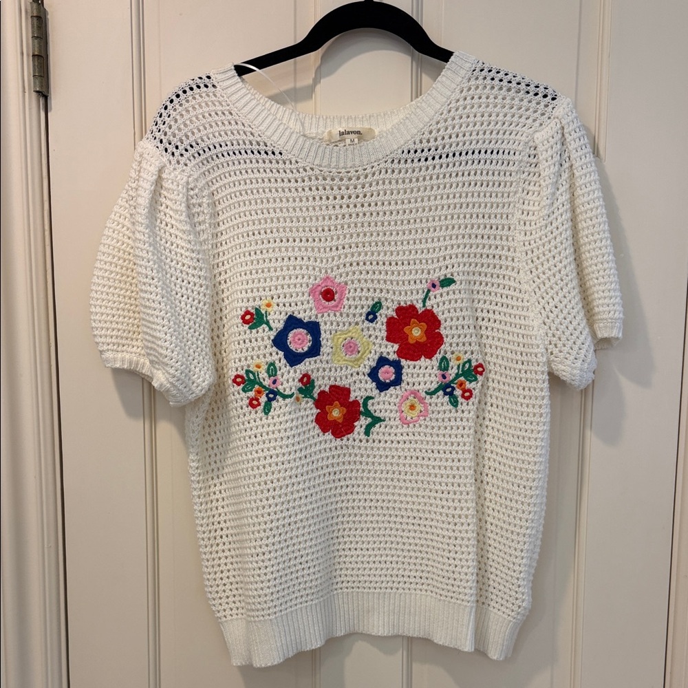 Talbots White Crochet Short-Sleeve Sweater with Embroidered Florals